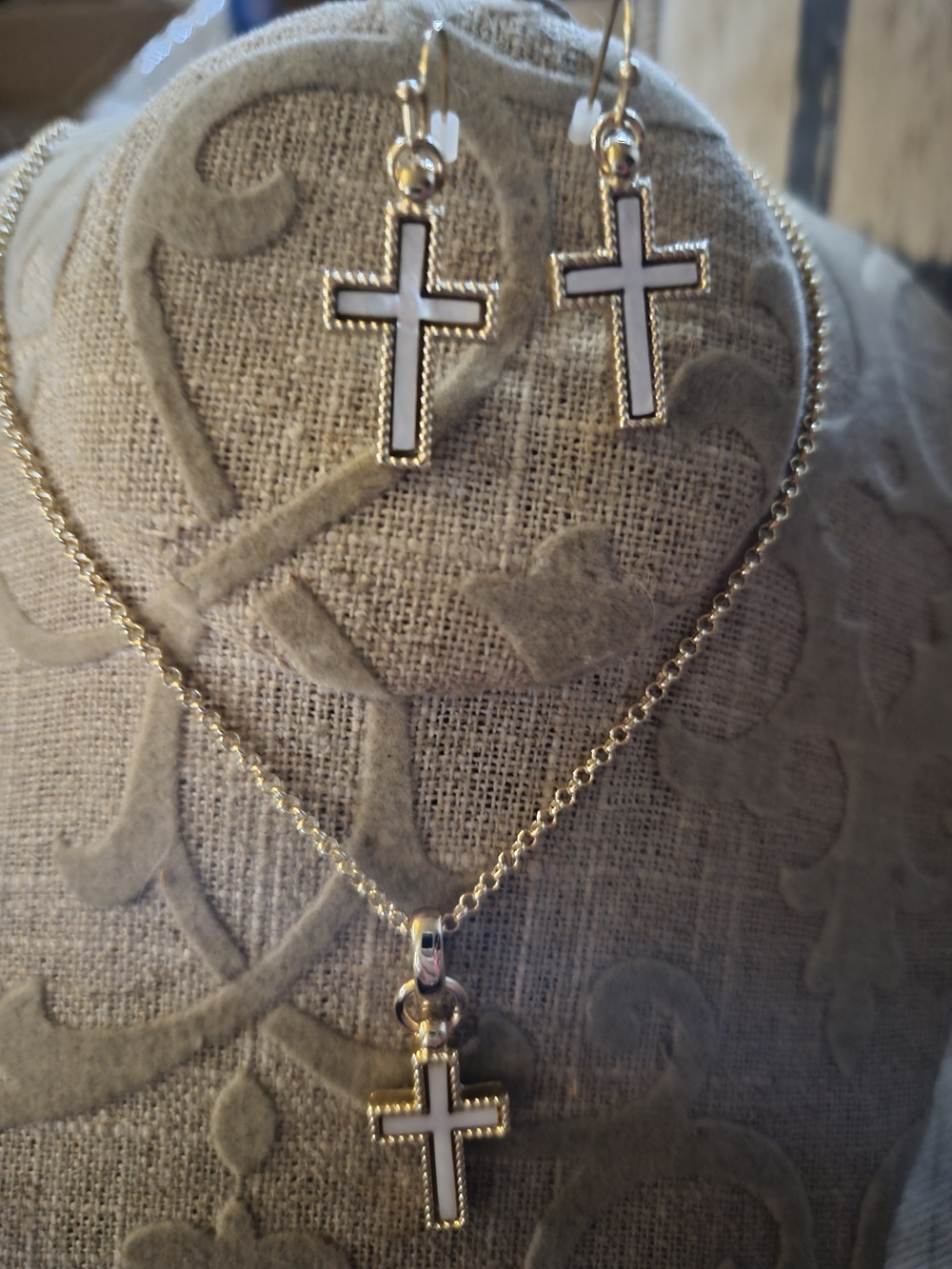 Gold-Tone Cross Necklace and Earrings Set with White Inlay